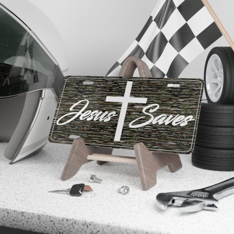 Camo Vanity Plate With Personalized Graphic GB | Custom Truck Tag, North American Size | Jesus Saves